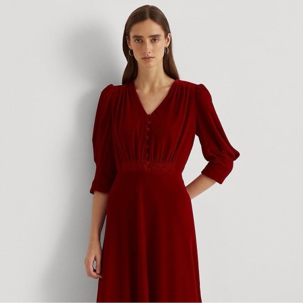 New Lauren Ralph Lauren Red Velvet Puff Sleeve Dress | Sizes: 4, 8 & 10
